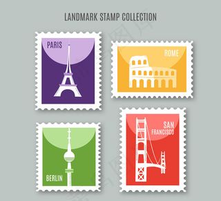 旅游元素邮票矢量