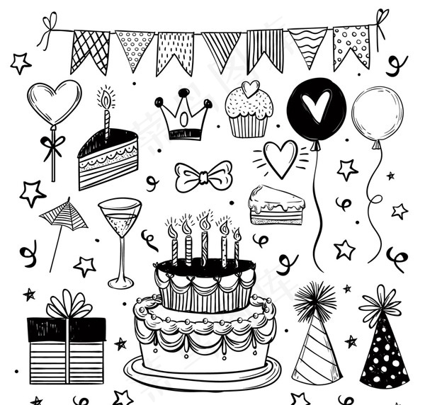 黑色手绘生日元素