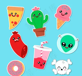 可爱食物贴纸矢量