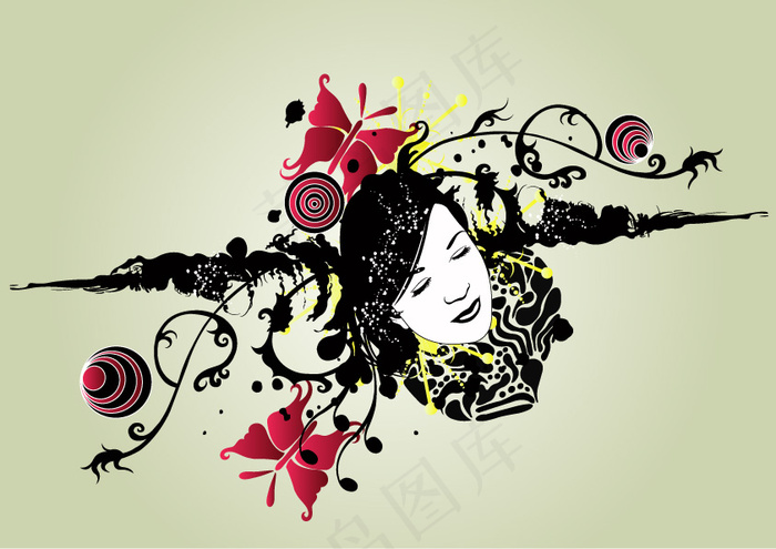 女性头像与花纹剪eps,ai矢量模版下载