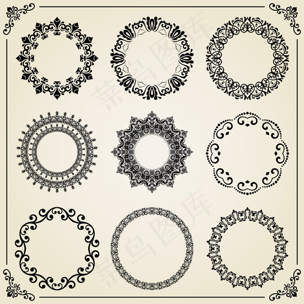 圆形复古花纹边框,背景元素eps,ai矢量模版下载