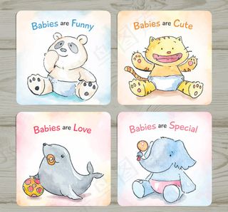 手绘动物迎婴卡片