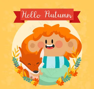 秋季儿童和狐狸