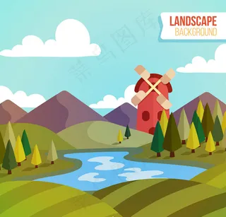 河流和风车风景