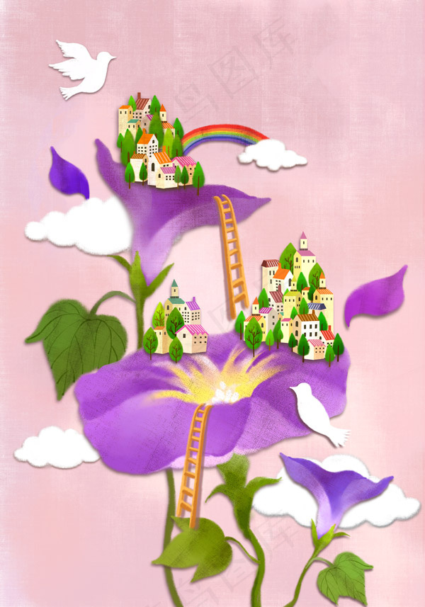 牵牛花上的房子插(3500X5000(DPI:300))psd模版下载