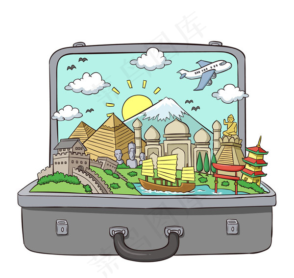 行李箱里的旅游风景ai矢量模版下载