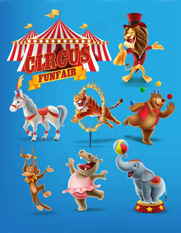 马戏团动物卡通eps,ai矢量模版下载