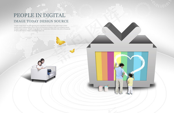 卡通电视机与人物psd模版下载