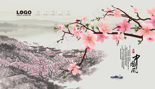 中国风国画桃花(4200X2400(DPI:300))psd模版下载