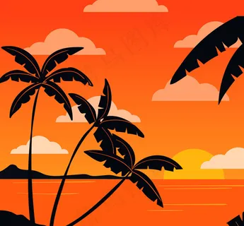 夕阳下的椰子树剪影 夕阳下的椰子树剪影