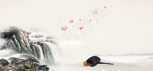 水墨山水画背景psd模版下载