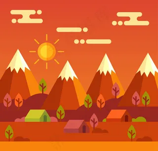 夕阳下的雪山房屋