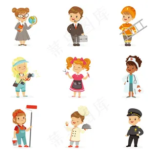 不同职业卡通人物,背景元素