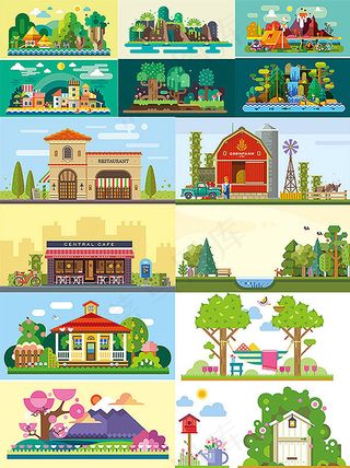 时尚扁平化风景,背景元素