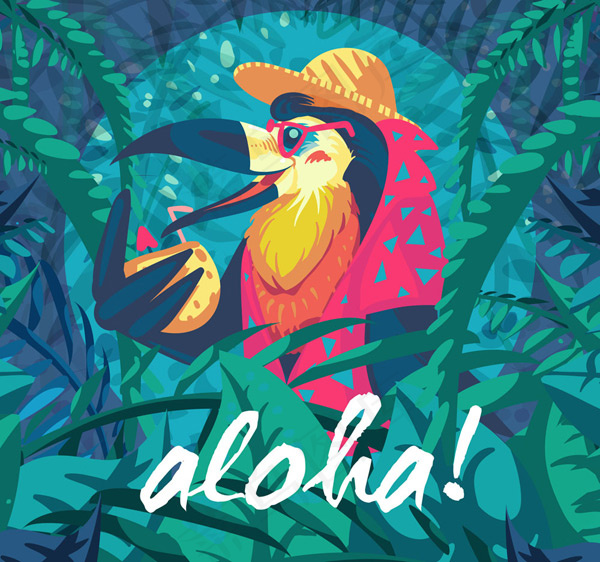 喝椰汁的夏威夷鸟ai矢量模版下载