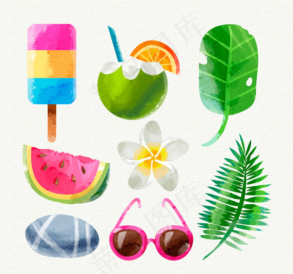水彩绘夏季元素ai矢量模版下载