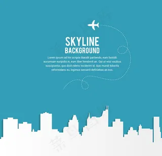 建筑剪影与飞机