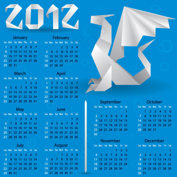 折纸龙2012年历eps,ai矢量模版下载