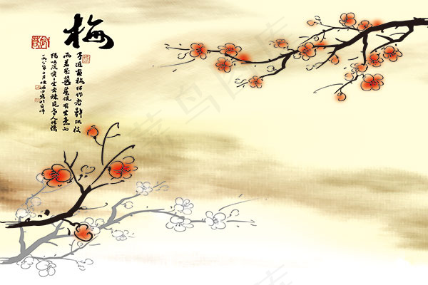 水墨梅花图(7087X4724(DPI:300))psd模版下载
