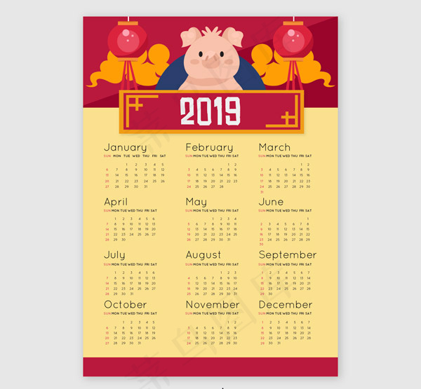 2019灯笼元素挂历ai矢量模版下载