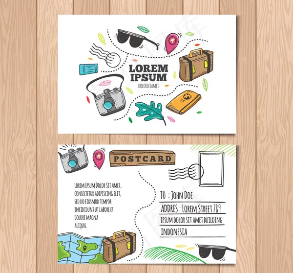 彩绘旅行明信片ai矢量模版下载