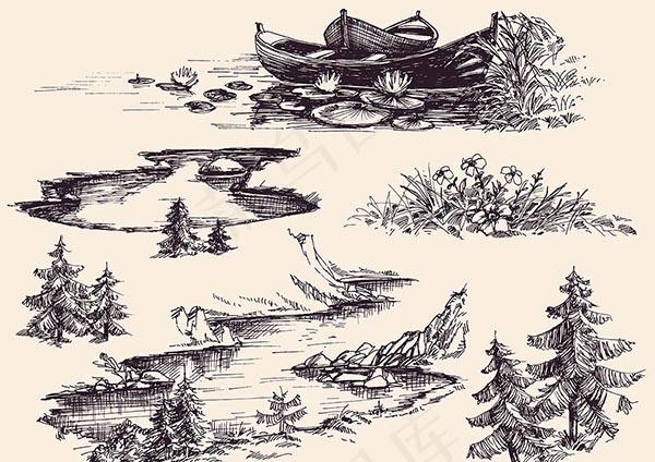 素描手绘风景,背景元素eps,ai矢量模版下载