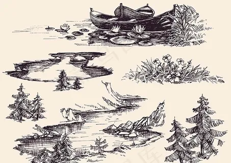 素描手绘风景,背景元素 素描手绘风景,背景元素