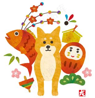 水彩绘鱼和柴犬 水彩绘鱼和柴犬