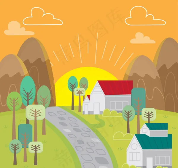 彩绘山间日落风景ai矢量模版下载