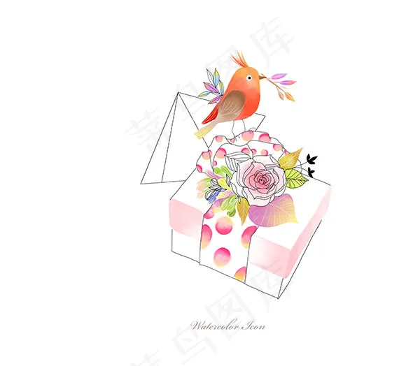 礼物与小鸟水彩psd模版下载