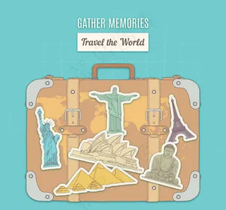 贴满名胜贴纸的旅行箱