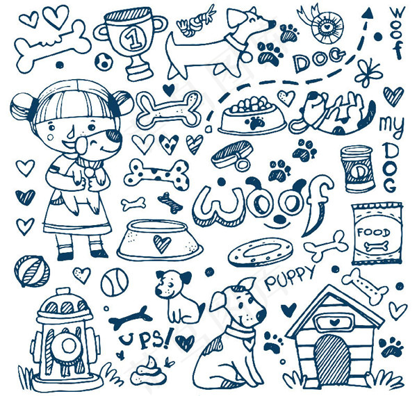 手绘宠物狗与女孩