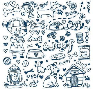 手绘宠物狗与女孩