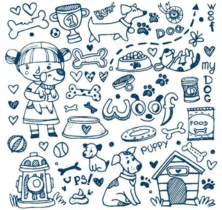 手绘宠物狗与女孩