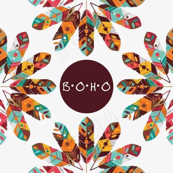 波西米亚风羽毛花eps,ai矢量模版下载