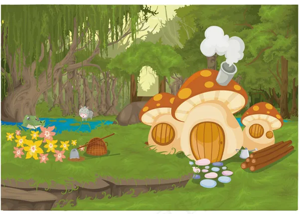 蘑菇屋卡通插图,背景元素eps,ai矢量模版下载