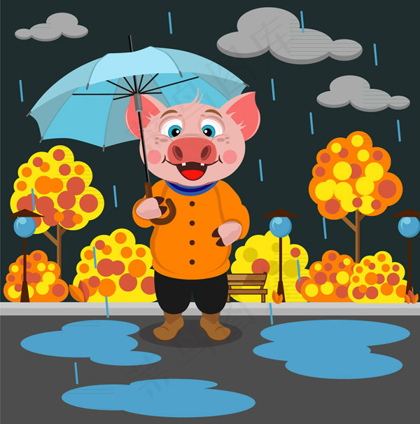 雨中撑伞的猪