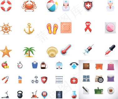 海滩与医疗图标,免抠元素