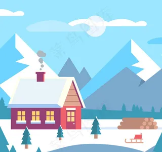 雪山下的木屋风景