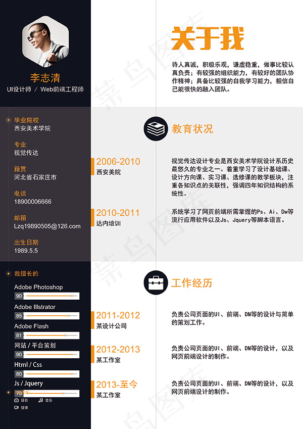 黑白简约个人简历psd模版下载