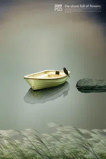 孤舟野鸟意境风景