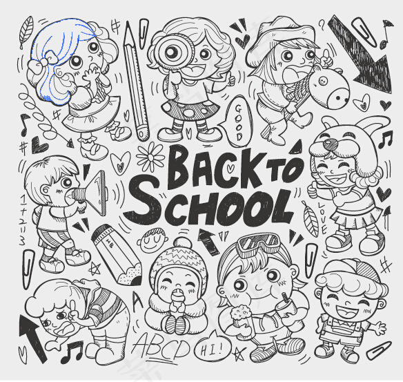 开学小孩铅笔画eps,ai矢量模版下载