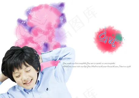 小男孩与泼墨花朵