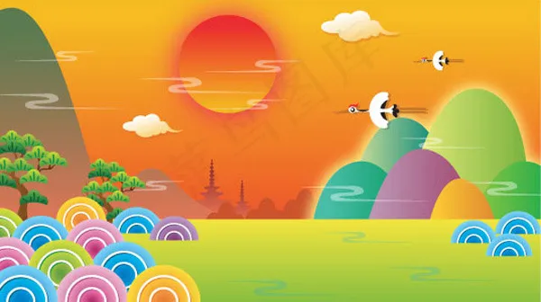 白鹤夕阳风景ai矢量模版下载