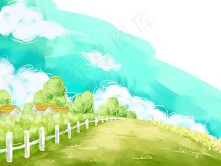 水彩山坡上的小屋