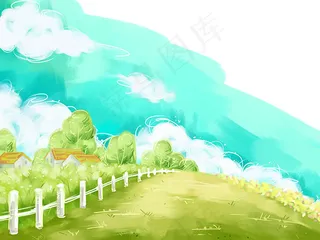 水彩山坡上的小屋