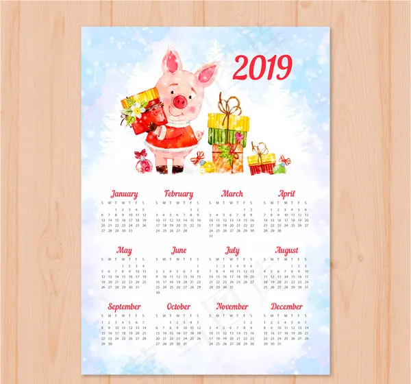 水彩猪元素2019日历eps,ai矢量模版下载