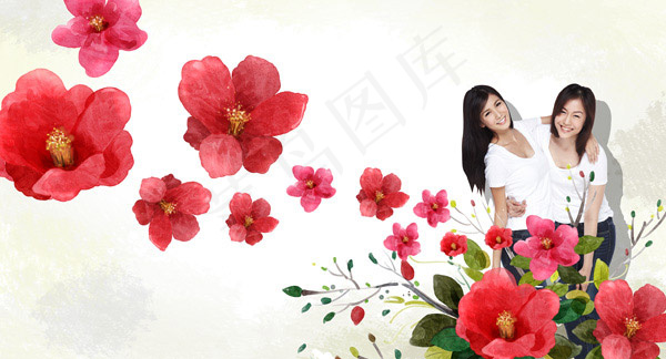 手绘花朵与美女(4961X2678(DPI:300))psd模版下载