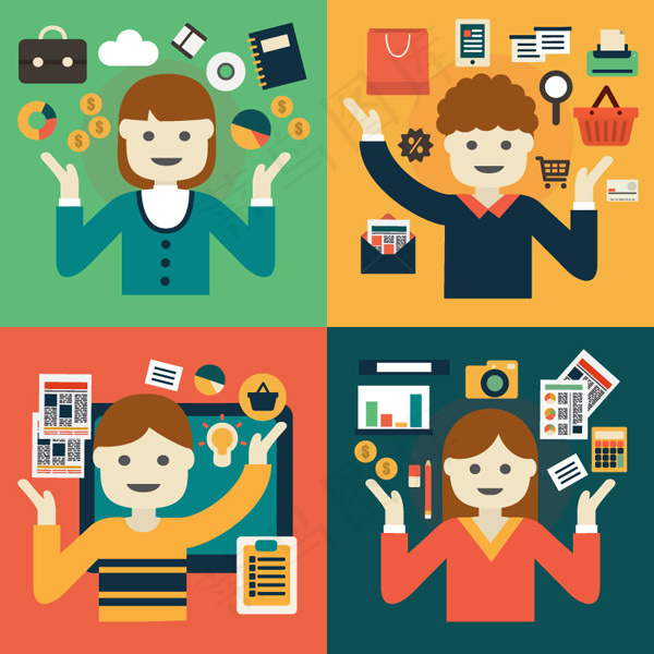 卡通电子商务人物,背景元素