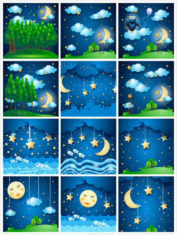 夜晚卡通景色,背景元素eps,ai矢量模版下载